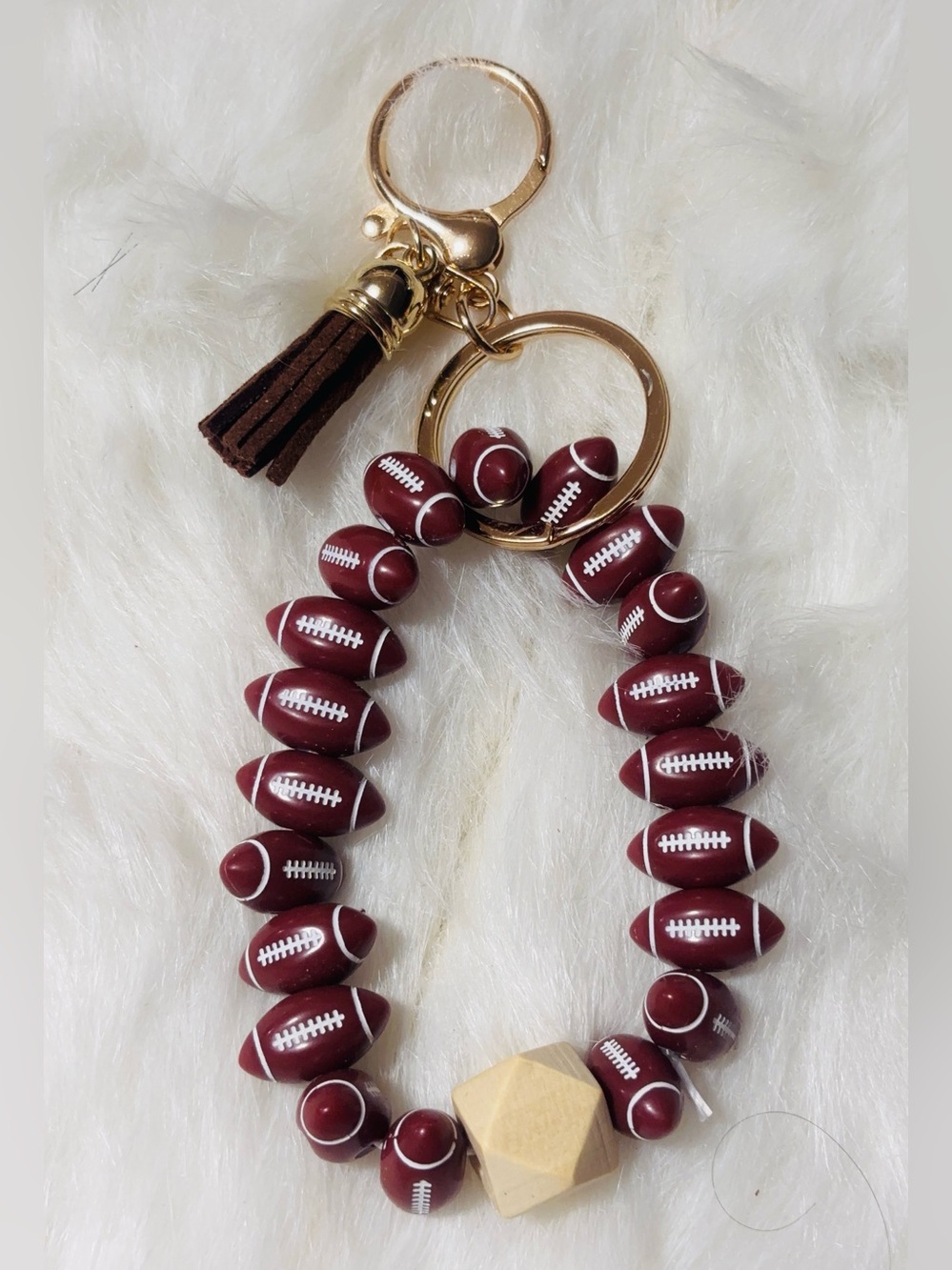 Football Beaded Wristlet Keychain Brown & Gold Tassel